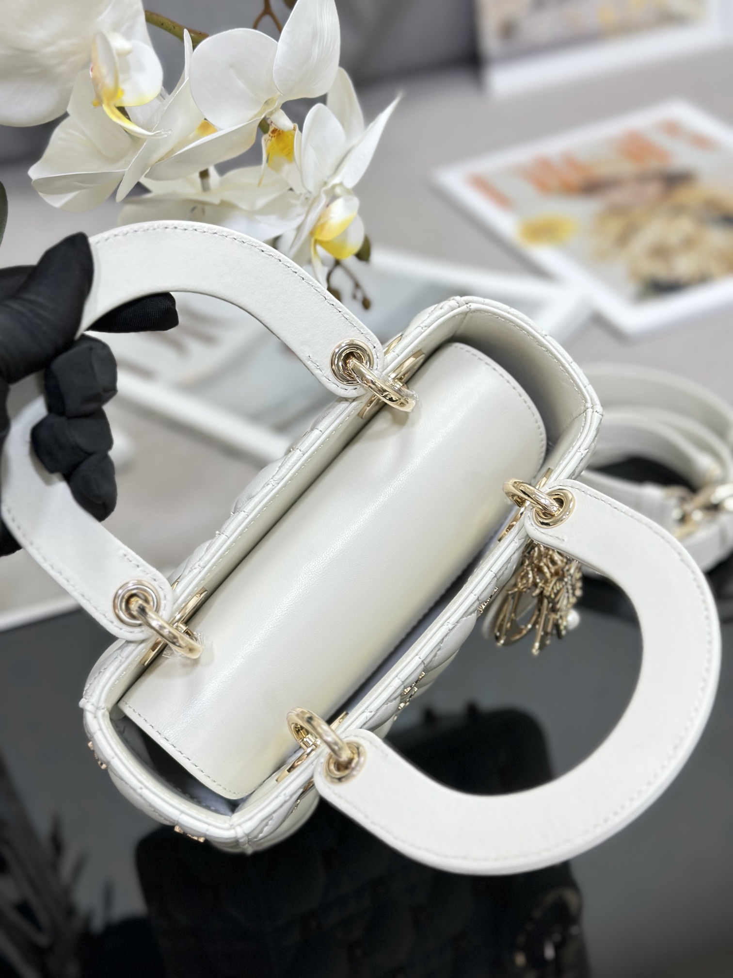 Small Lady Dior Bag White Lambskin with Butterfly Nail